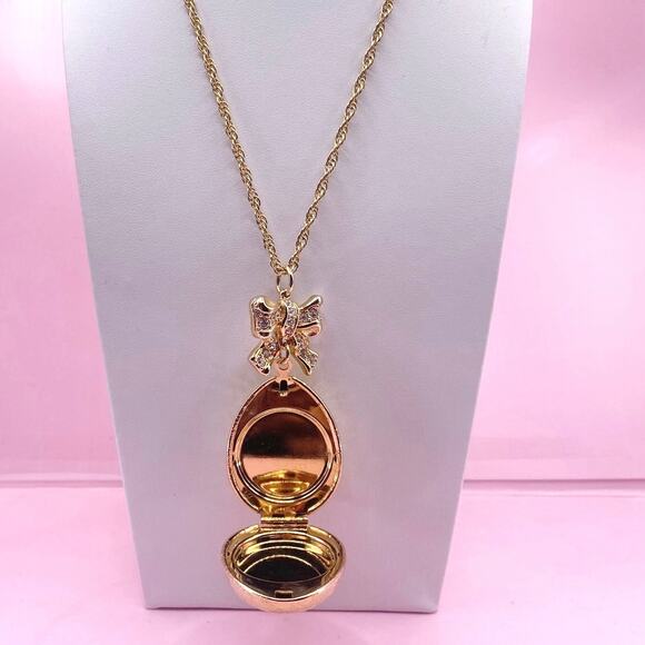 Swarovski Vintage Large Necklace With Egg Photo Holder Pendant and Crystals Bow - Picture 4 of 8